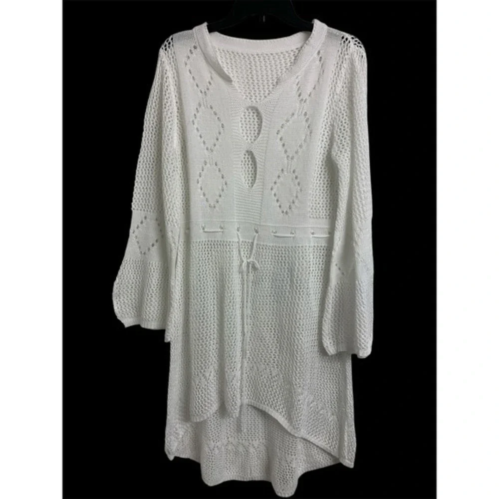 White Crochet Open Knit Cover Up Dress Bell Sleeve‎ High Low Tunic Drawstring